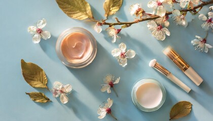beauty background with facial cosmetic products leaves and cherry blossom on pastel blue desktop background modern spring skin care layout top view flat lay