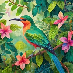bird on a branch.a nature-inspired wall mural featuring birds in vibrant colors perched amidst lush foliage. The composition should capture the beauty of the outdoors, bringing a touch of the natural 
