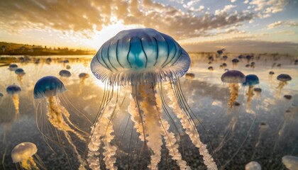 a blue jellyfish with a glowing blue center the jellyfish is surrounded by other jellyfish creating a sense of depth and movement - obrazy, fototapety, plakaty