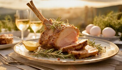 roast lamb is a traditional easter dish the leg of lamb is seasoned with garlic rosemary salt and pepper - obrazy, fototapety, plakaty
