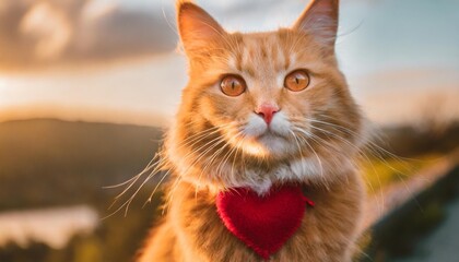 portrait of a ginger cat with a bright red patch of fur in the shape of a heart on his chest - obrazy, fototapety, plakaty