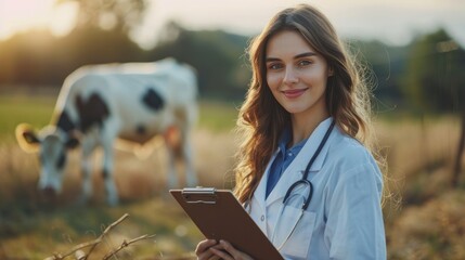 A portrait of a veterinary doctor and a young woman with a clipboard on the background of a cow.