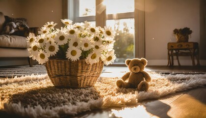 a basket of daisies and a teddy bear on a rug in a room with sunlight streaming through the window - obrazy, fototapety, plakaty