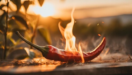 a close up capture of a fiery red chili pepper with flames dancing along its edges