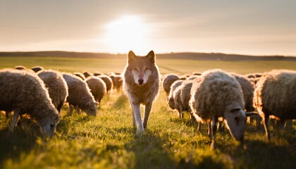 a wolf hiding among a flock of sheep leading the way or waiting for the right moment to act concept of identity and difference of being unique among others or metaphor for hidden risk and danger