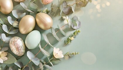 easter flat lay composition easter eggs with flowers and eucalyptus leaves on pastel green background happy easter card design template