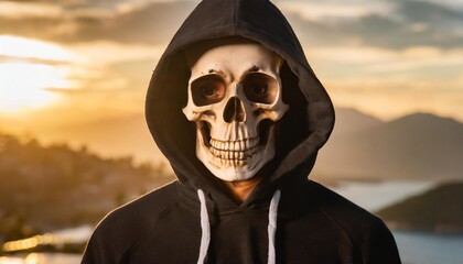 a man in a black hoodie with a skull on his face and a black hoodie over his face - obrazy, fototapety, plakaty