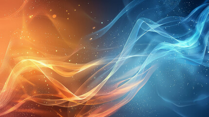 Obraz premium Abstract digital art of flowing blue and orange lines with luminous particles against a dark background,ai generated
