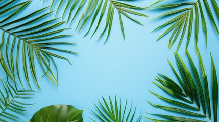 Fototapeta na wymiar Minimal summer concept. Top view green leaf on punchy pastel paper. Creative flat lay with copy space. Tropical palm leaves on blue background,Palm leaves on blue background. 
