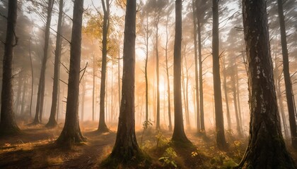 vibrant golden sunlight illuminating the fog in a forest in autumn with the silhouettes of tree trunks creating a vivid pattern