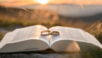 wedding rings on bible - obrazy, fototapety, plakaty