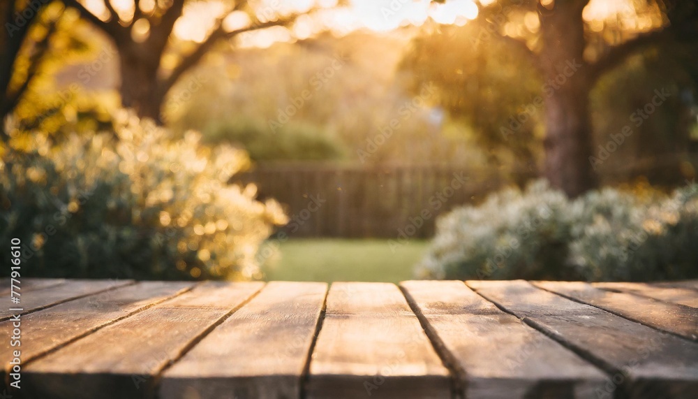 Poster empty wooden and blurred green nature garden background