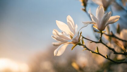 spring is coming blooming white magnolia stellata on a blue sky background
