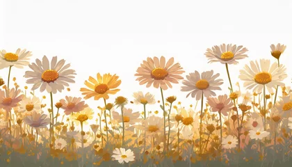 Zelfklevend Fotobehang vector blossoming daisy flowers field nature border isolated © Katherine