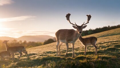 fallow deer hind and her young - obrazy, fototapety, plakaty