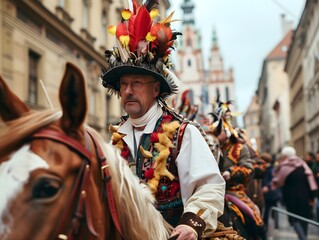 Full body shot of Traditional Lajkonik (half man, half horse in traditional costume) Cracow, Poland