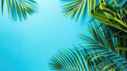 Minimal summer concept. Top view green leaf on punchy pastel paper. Creative flat lay with copy space. Tropical palm leaves on blue background,Palm leaves on blue background.
