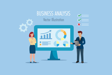 Business analysis and research. Business team discuss growth graph chart on computer for success profit and achievement. Vector flat design.