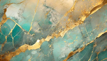 generative ai illustration of turquoise marble texture background with cracked gold details - obrazy, fototapety, plakaty