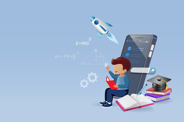 Online education, back to school. School boy doing homework on smart phone with flying rocket and mathematic formula for imagination and knowledge. 3D vector.