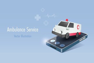 Ambulance on smartphone. Online emergency service for urgency accident, transport patient to hospital. 3D vector.