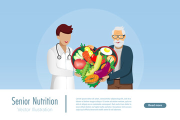 Nutrition foods for senior.  Doctor recommends healthy foods and vegetables for elderly heart. Healthy aging, active elderly. Vector.	
