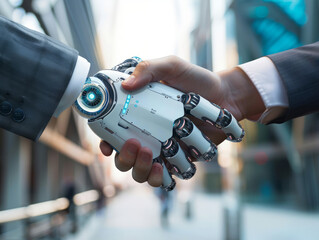 Human and Robot Handshake Symbolizing AI Collaboration