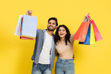 Happy Couple Enjoying Shopping Celebrating A Sale, Showcasing The Excitement Of Retail Therapy And The Lifestyle Of Consumerism In A Diverse Creative Illustration. Perfect For Ads Focused On Fashion - obrazy, fototapety, plakaty