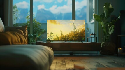 Experience the tranquility of a cozy home living room interior, featuring a comfortable couch and a stylish TV display set against a panoramic window backdrop