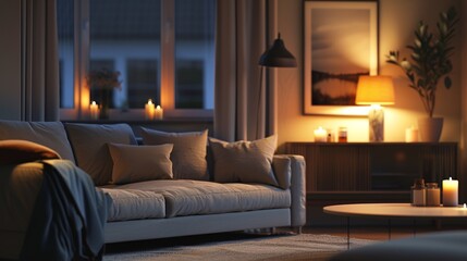 A modern living room design featuring a sleek grey sofa, contemporary armchair, and ambient lighting from glowing lamps, creating a cozy and inviting space for relaxation and entertainment