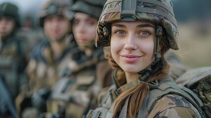 A smiling young female adult soldier wearing a soldier's uniform together with other soldiers wearing soldiers' uniforms