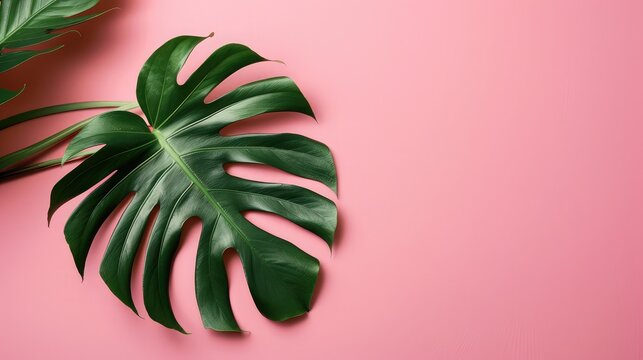 Monstera leave on color background with copy space,Summer background with palm leaves. Place for text. Top view,Summer background in coral and greenery
