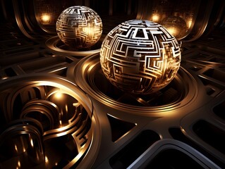 Captivating Geometric Maze of Interconnected Metallic Spheres A Futuristic Digital Labyrinth of Intricate Architectural Complexity