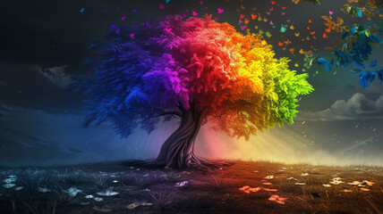 Obraz na płótnie Canvas A fantastical tree radiating rainbow colors amidst whimsical butterflies. AI Generative.