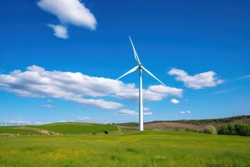 Sustainable energy in action, a single wind turbine stands tall in a verdant field. AI Generative.