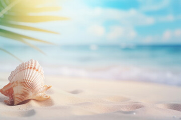 Fototapeta na wymiar A lone seashell sits peacefully on a sandy beach, capturing the essence of summer. AI Generative.