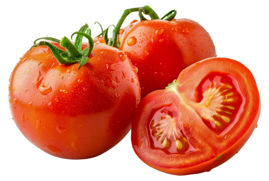 Three ripe red tomatoes with a small cut in the middle - stock png.
