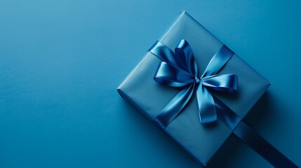Blue gift box tied with blue ribbon is being unwrapped on blue background