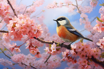 A bird among spring blossoms, a serene moment in nature’s embrace, AI Generative.