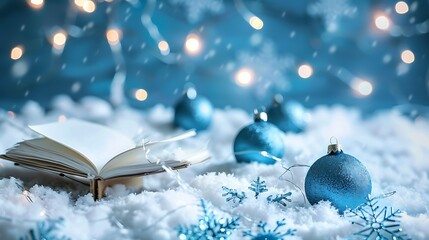 Blue decorated with snowflake baubles lying on snow and sheet notes with christmas lights blue background - obrazy, fototapety, plakaty