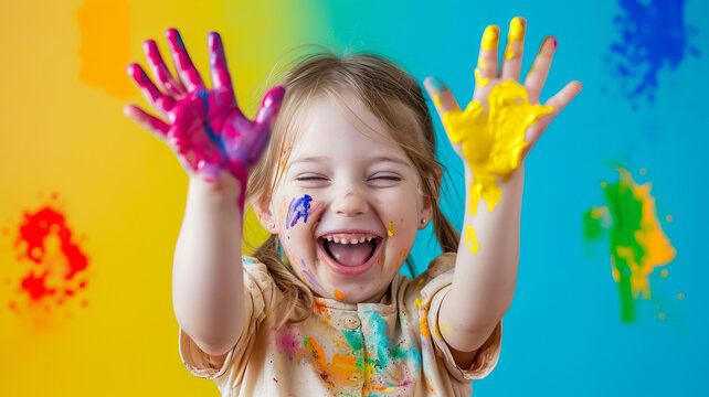 Cheerful child with hands covered in vibrant paint expresses pure joy, embodying creativity and learning AI Generative.