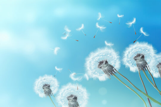 Dandelion seeds gracefully floating in the wind, against a serene blue backdrop, embodying lightness and change AI Generative.