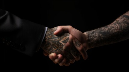 Tattoo Handshake two businessmen signifies successful agreement Black Background 