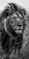 A wild black and white portrait of a lion conveys an aura of majesty and power. Lion with striking features highlighting his fierce expression and penetrating eyes.