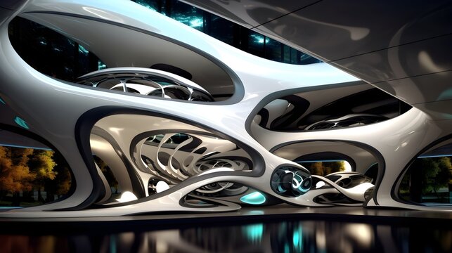 Futuristic and Fantastical Architectural Interior with Organic Geometric Structures and Innovative Design