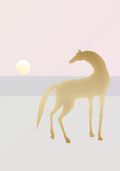 日の出または日の入りを見つめる馬　