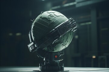 Futuristic D Globe Representing Renewable Energy and Power in a Dark Sci Fi Robotic Matrix like Atmosphere
