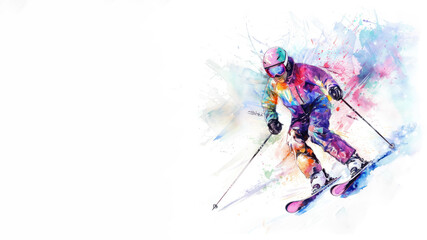 Skier in action on slope of the snow in colorful watercolor painting art