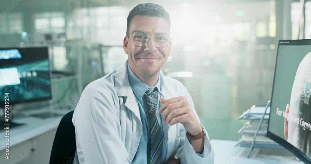 Poster scientist, man and face or smile in laboratory with computer for cognitive study, medical research a