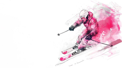 Skier in action on slope of the snow in pink watercolor painting art